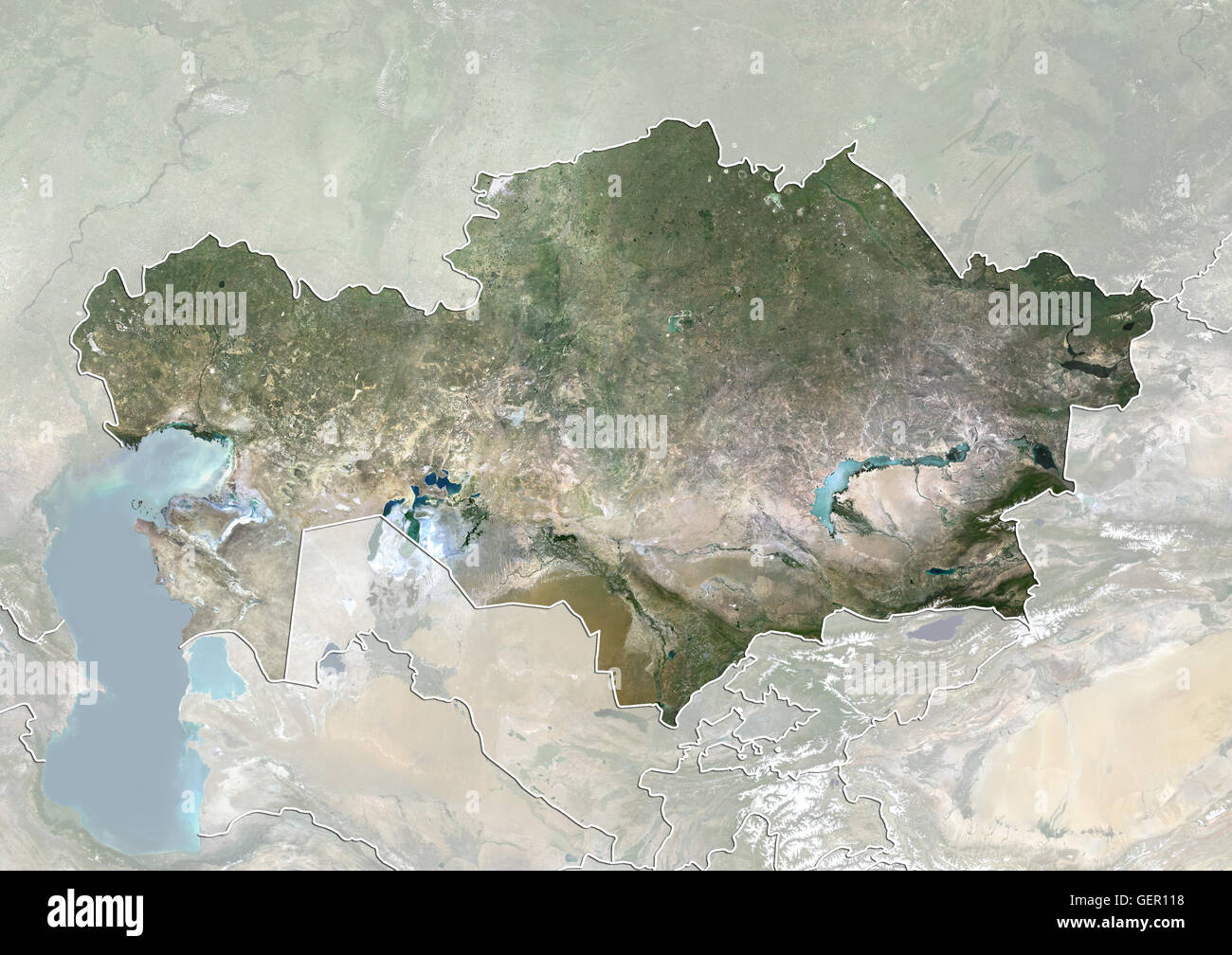 Satellitenansicht von Kasachstan (mit Ländergrenzen und Maske). Dieses Bild wurde aus Daten, die per Satellit Landsat 8 im Jahr 2014 zusammengestellt. Stockfoto