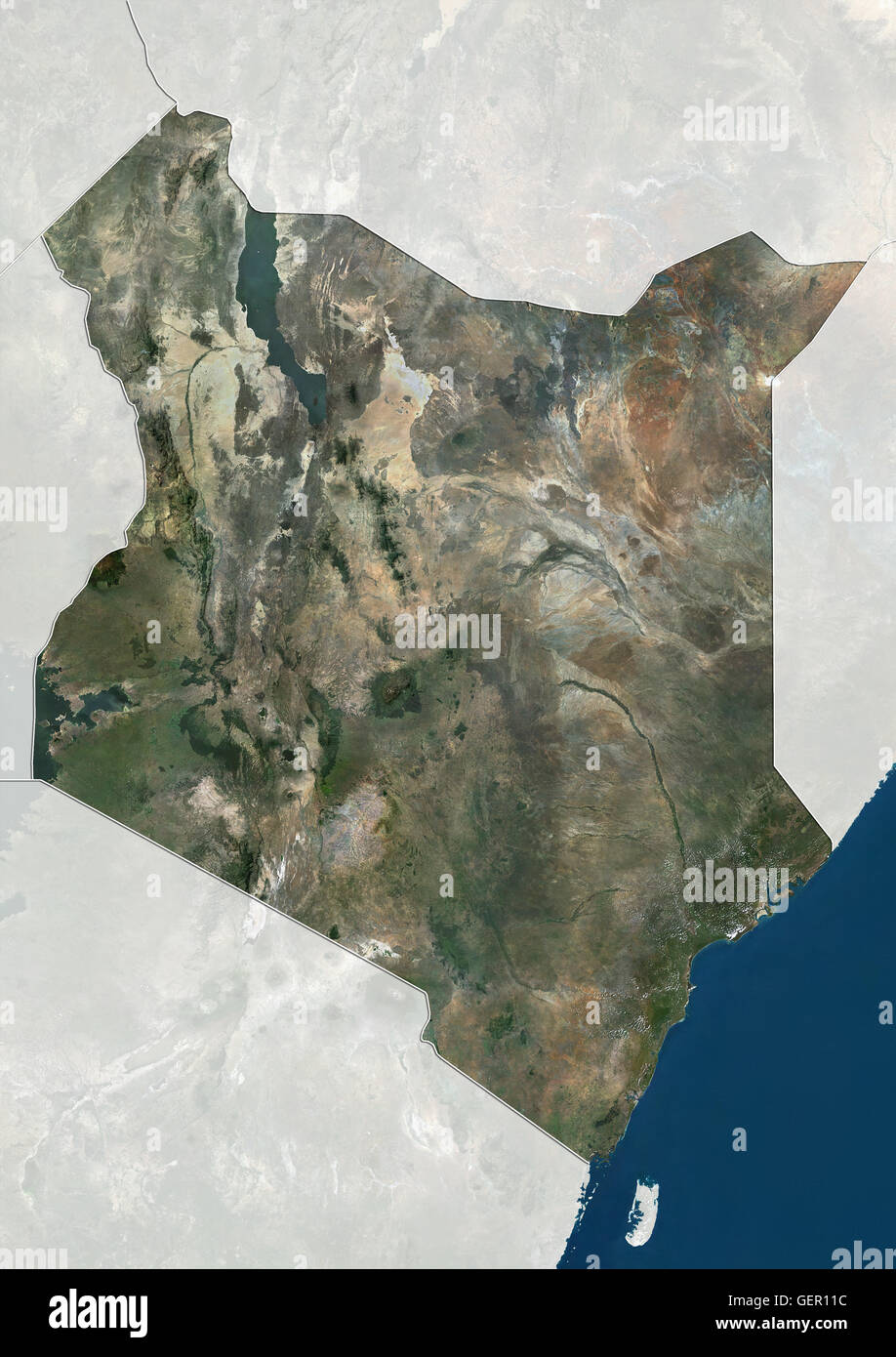 Satellitenansicht von Kenia (mit Ländergrenzen und Maske). Dieses Bild wurde aus Daten von Landsat-Satelliten erworben erstellt. Stockfoto