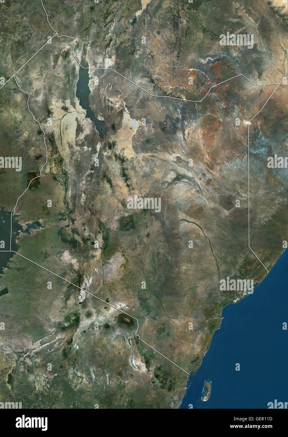 Satellitenansicht von Kenia (mit Ländergrenzen). Dieses Bild wurde aus Daten von Landsat-Satelliten erworben erstellt. Stockfoto