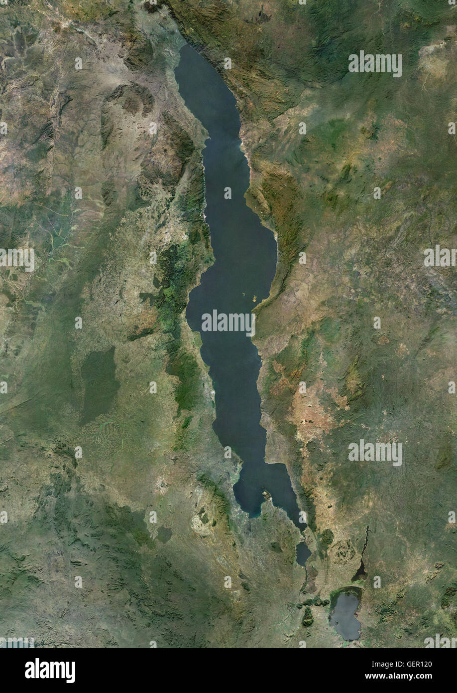 Satelliten-Ansicht des Malawi-Sees, einem afrikanischen Great Lake gelegen zwischen Malawi, Mosambik und Tansania. Dieses Bild wurde aus Daten von Landsat-Satelliten erworben erstellt. Stockfoto