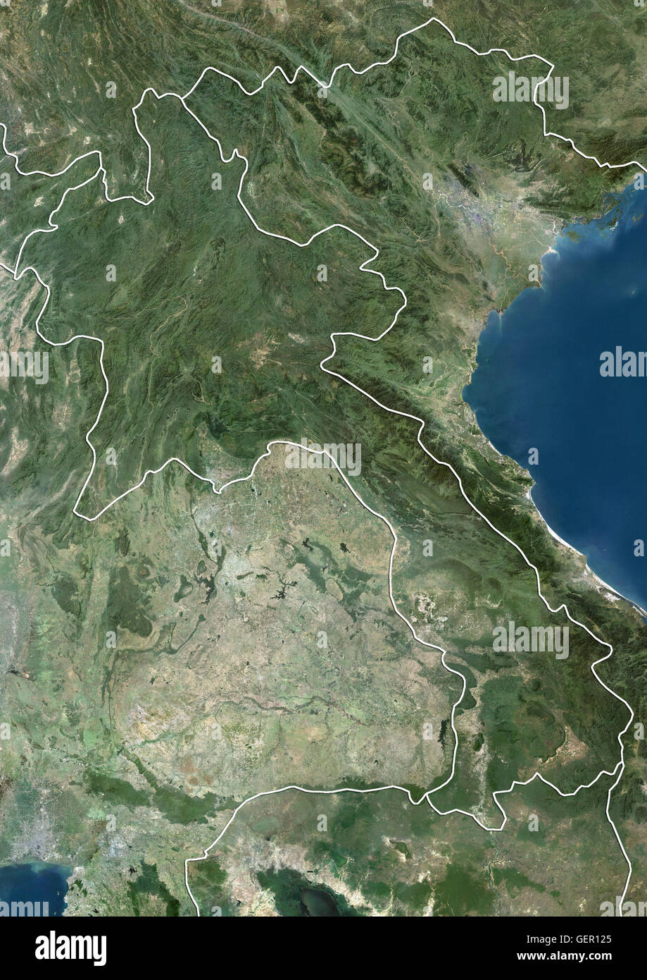 Satellitenansicht von Laos (mit Ländergrenzen). Dieses Bild wurde aus Daten von Landsat-Satelliten erworben erstellt. Stockfoto