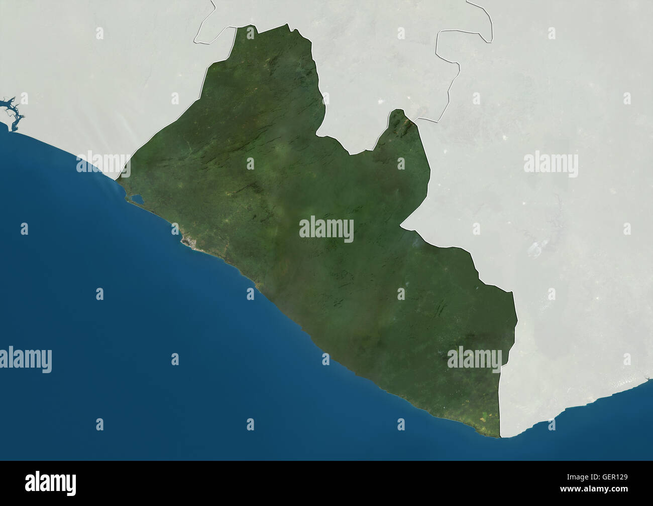 Satellitenansicht von Liberia (mit Ländergrenzen und Maske). Dieses Bild wurde aus Daten von Landsat-Satelliten erworben erstellt. Stockfoto