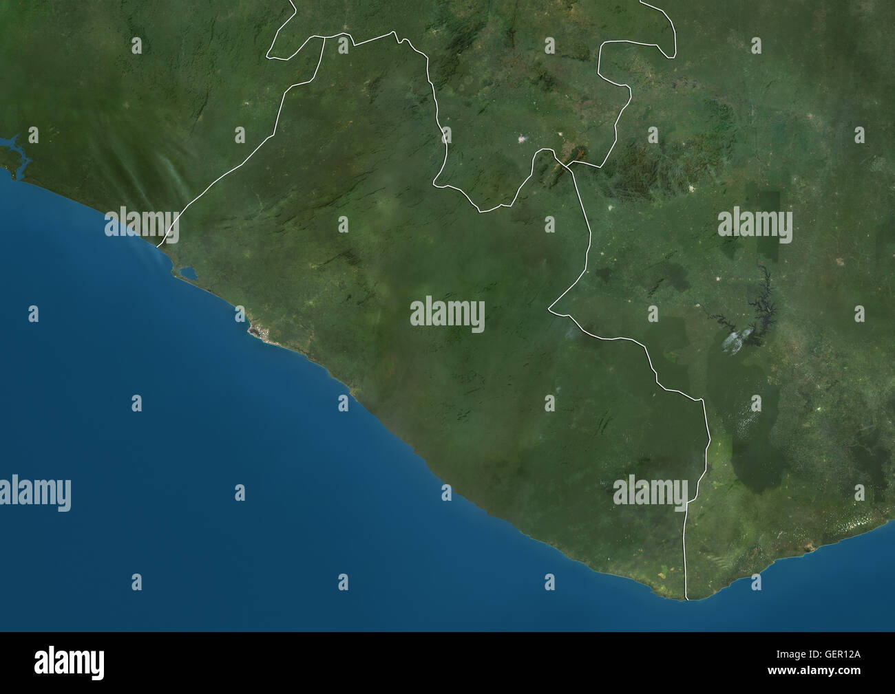 Satellitenansicht von Liberia (mit Ländergrenzen). Dieses Bild wurde aus Daten von Landsat-Satelliten erworben erstellt. Stockfoto