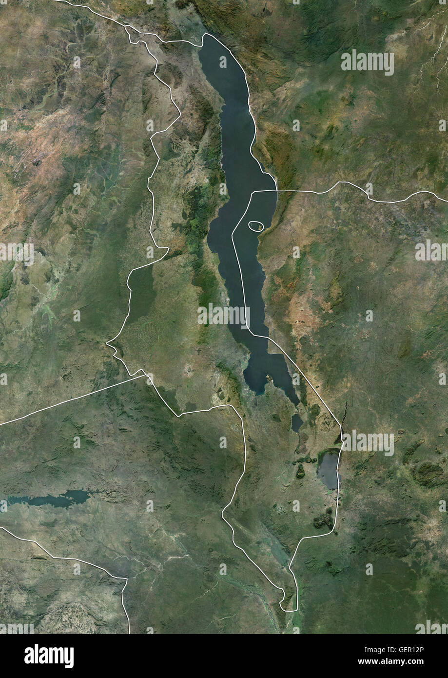 Satellitenansicht von Malawi (mit Ländergrenzen). Dieses Bild wurde aus Daten von Landsat-Satelliten erworben erstellt. Stockfoto