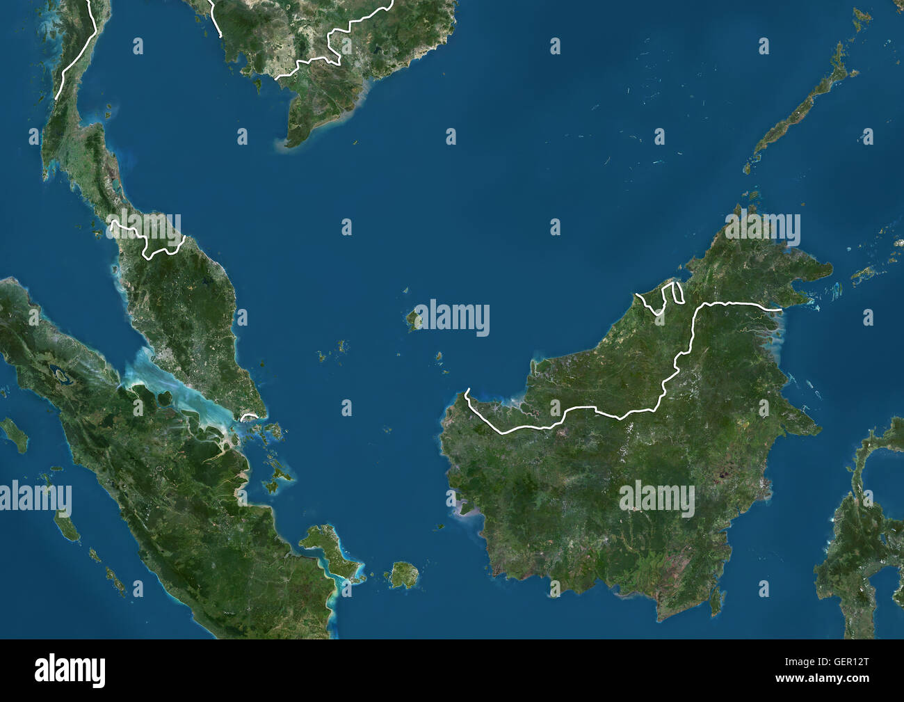 Satellitenansicht von Malaysia (mit Ländergrenzen). Dieses Bild wurde aus Daten von Landsat-Satelliten erworben erstellt. Stockfoto