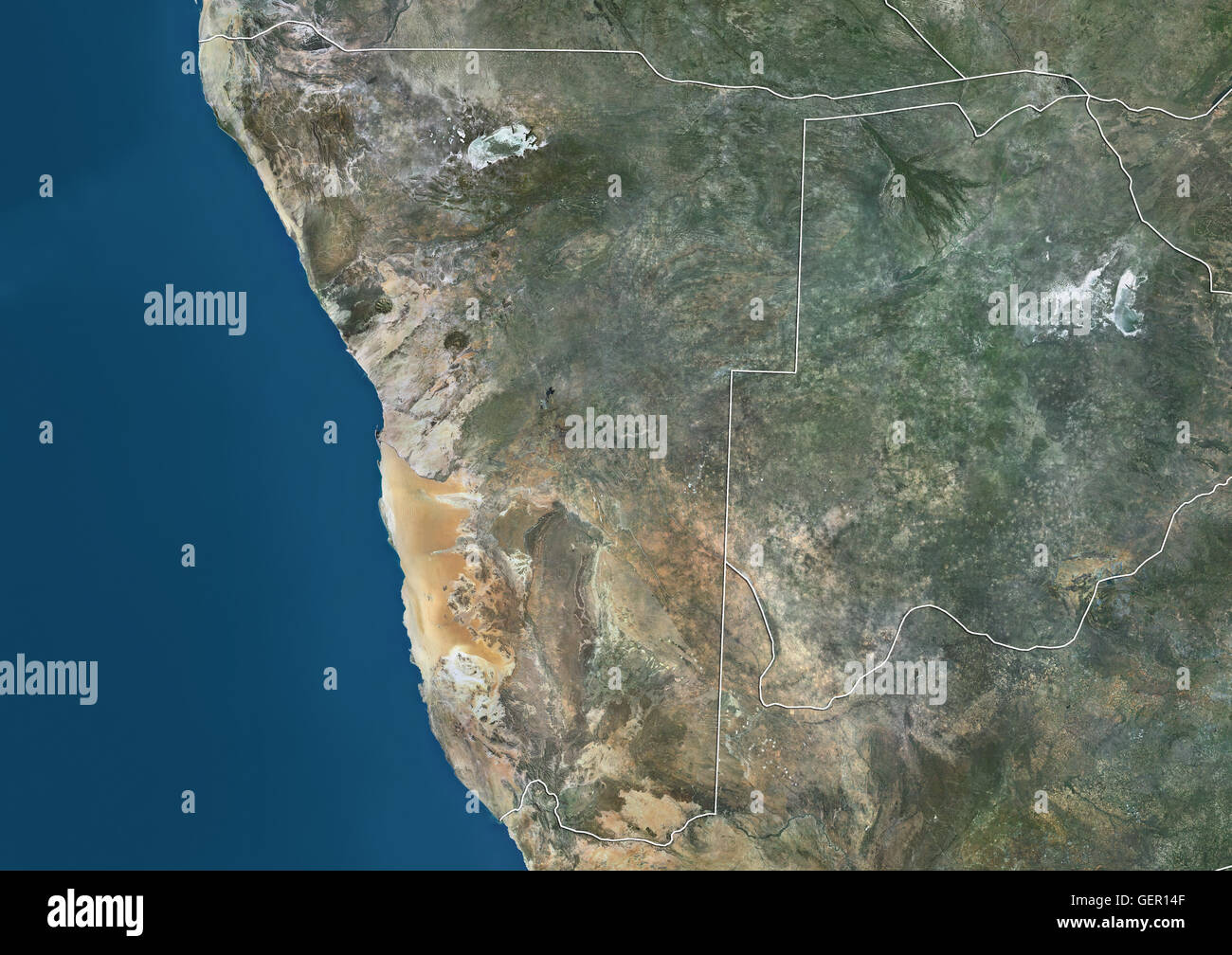 Satellitenbild von Namibia (mit Ländergrenzen). Dieses Bild wurde aus Daten von Landsat-Satelliten erworben erstellt. Stockfoto