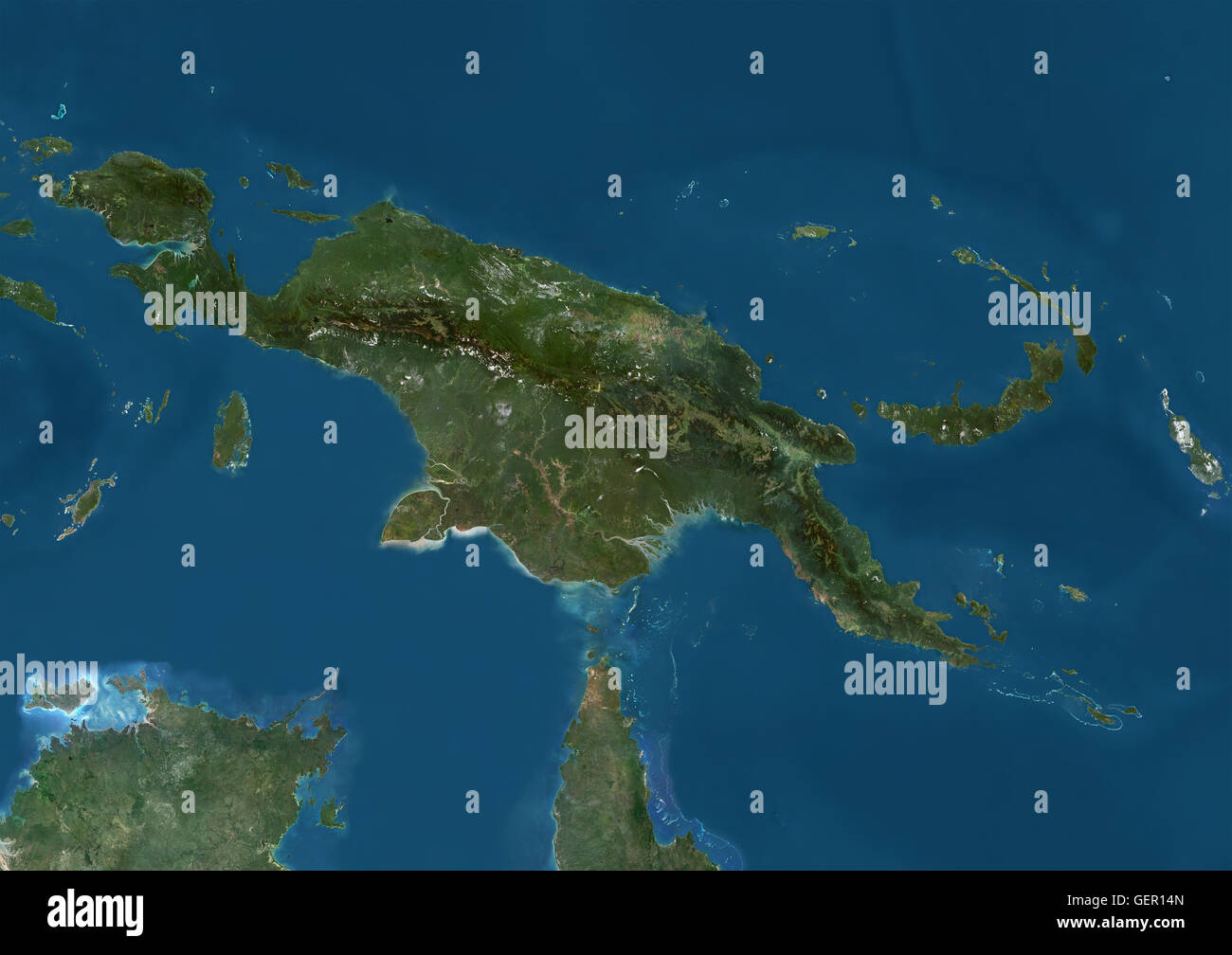 Satellitenansicht von Neu-Guinea. Dieses Bild wurde aus Daten von Landsat-Satelliten erworben erstellt. Stockfoto