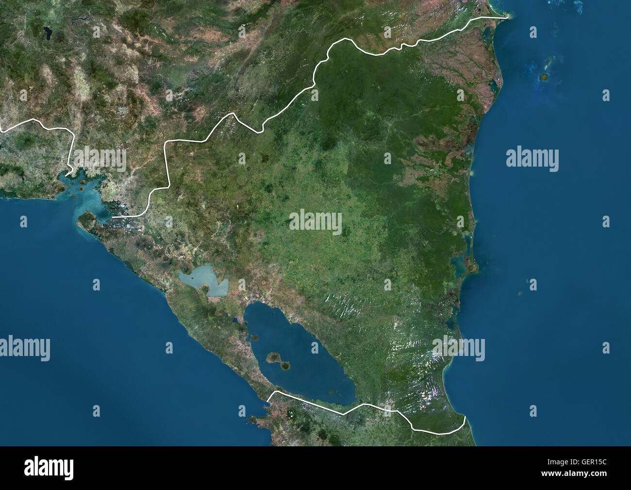 Satellitenansicht von Nicaragua (mit Ländergrenzen). Dieses Bild wurde aus Daten von Landsat-Satelliten erworben erstellt. Stockfoto