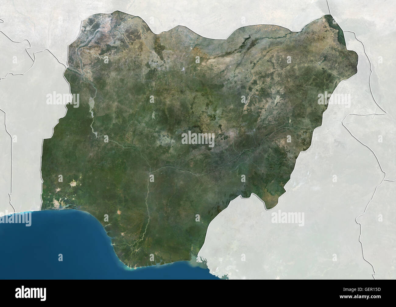 Satellitenansicht von Nigeria (mit Ländergrenzen und Maske). Dieses Bild wurde aus Daten von Landsat-Satelliten erworben erstellt. Stockfoto