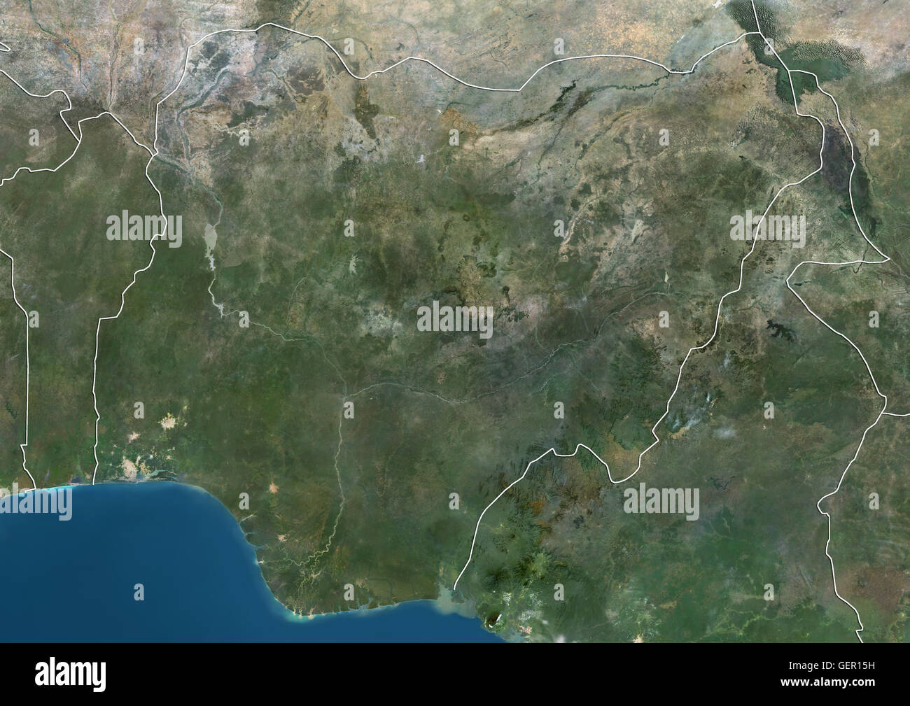 Satellitenansicht von Nigeria (mit Ländergrenzen). Dieses Bild wurde aus Daten von Landsat-Satelliten erworben erstellt. Stockfoto