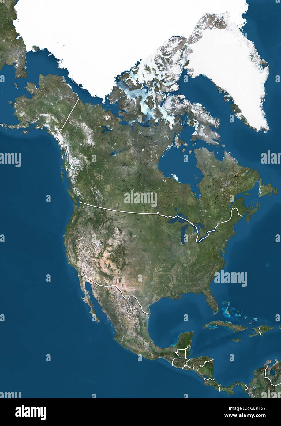 Satelliten-Ansicht von Nord-Amerika, der arktischen Eiskappe (mit Ländergrenzen) zeigt. Dieses Bild wurde aus Daten von Satelliten Landsat 7 & 8 zusammengestellt. Stockfoto