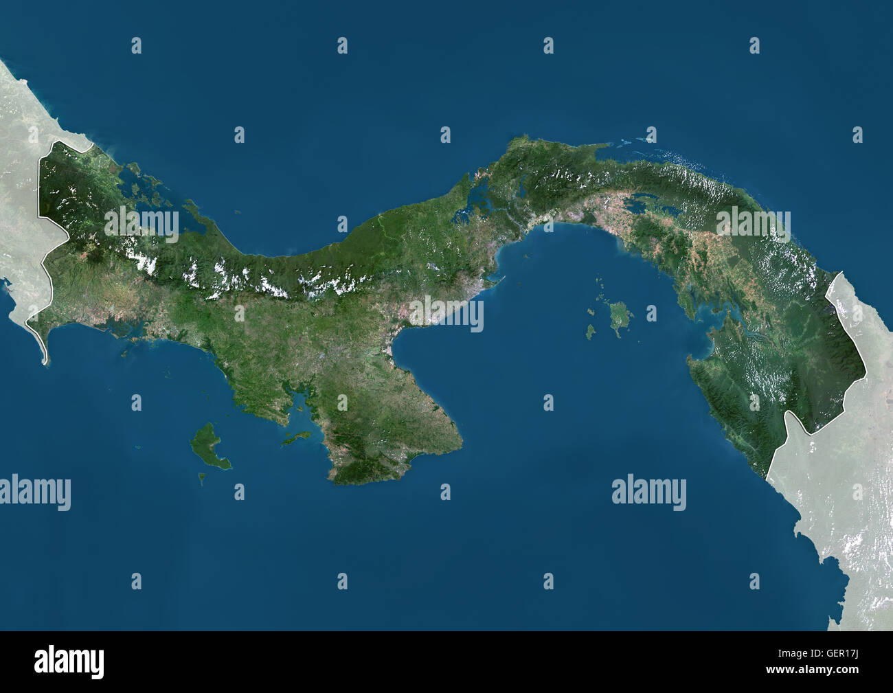 Satellitenansicht von Panama (mit Ländergrenzen und Maske). Dieses Bild wurde aus Daten von Landsat-Satelliten erworben erstellt. Stockfoto