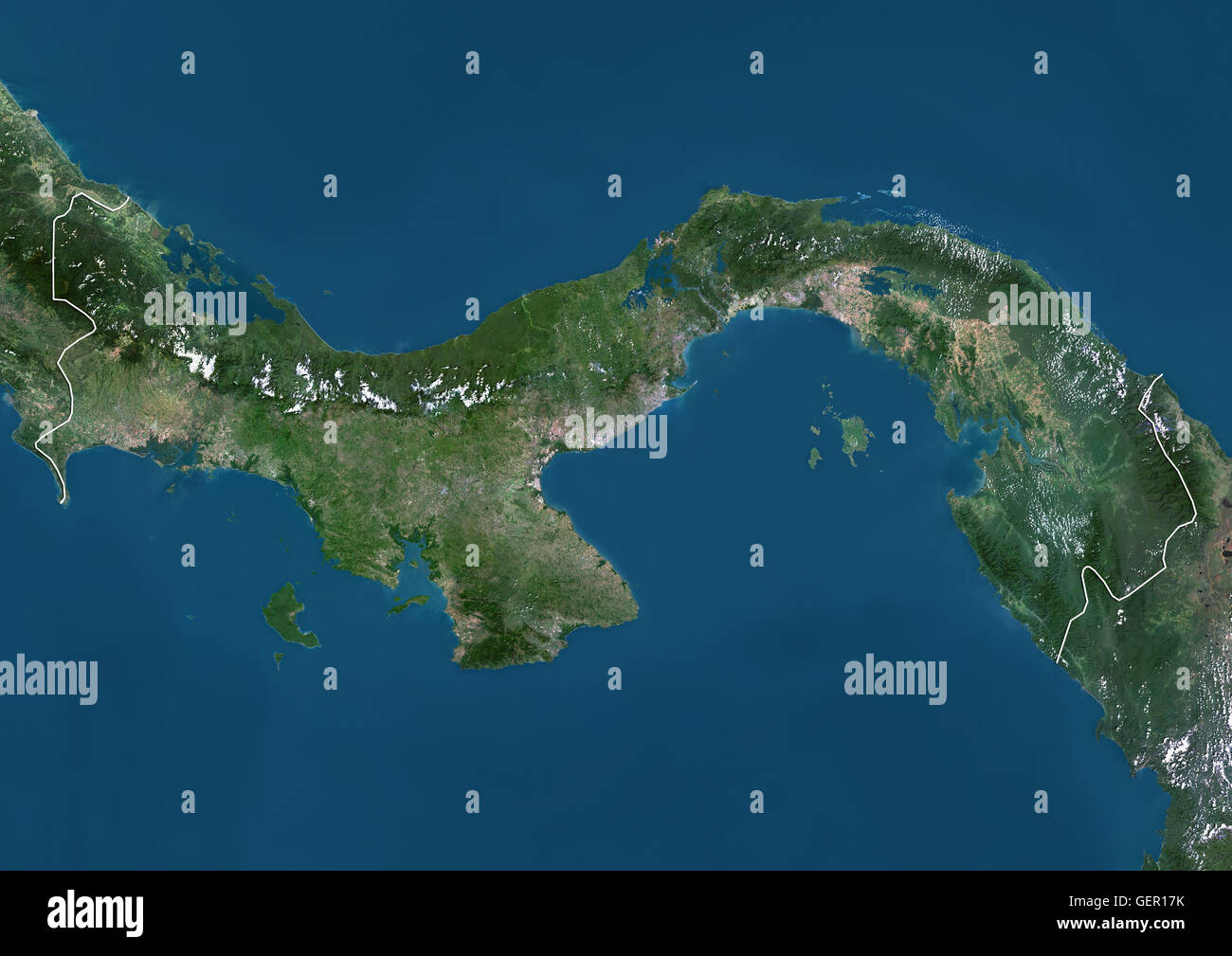 Satellitenansicht von Panama (mit Ländergrenzen). Dieses Bild wurde aus Daten von Landsat-Satelliten erworben erstellt. Stockfoto