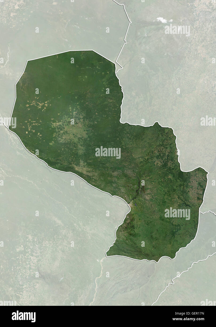 Satellitenansicht von Paraguay (mit Ländergrenzen und Maske). Dieses Bild wurde aus Daten von Landsat-Satelliten erworben erstellt. Stockfoto