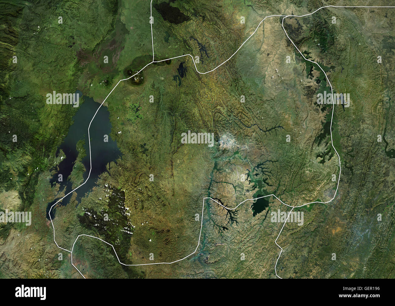 Satellitenansicht von Ruanda (mit Ländergrenzen). Dieses Bild wurde aus Daten von Landsat-Satelliten erworben erstellt. Stockfoto