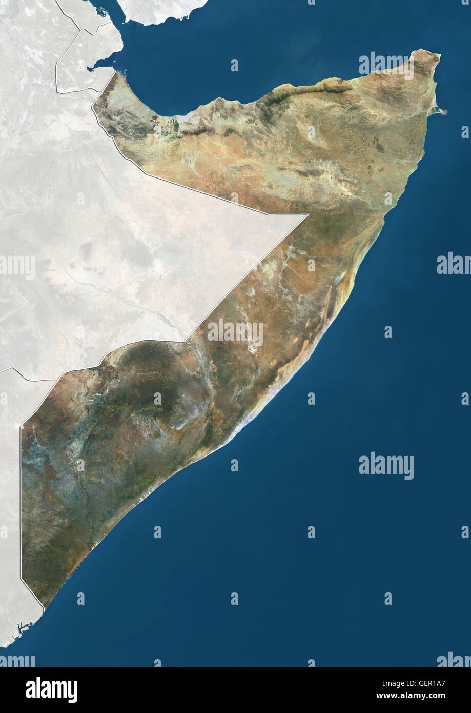Satellitenansicht von Somalia (mit Ländergrenzen und Maske). Dieses Bild wurde aus Daten von Landsat-Satelliten erworben erstellt. Stockfoto