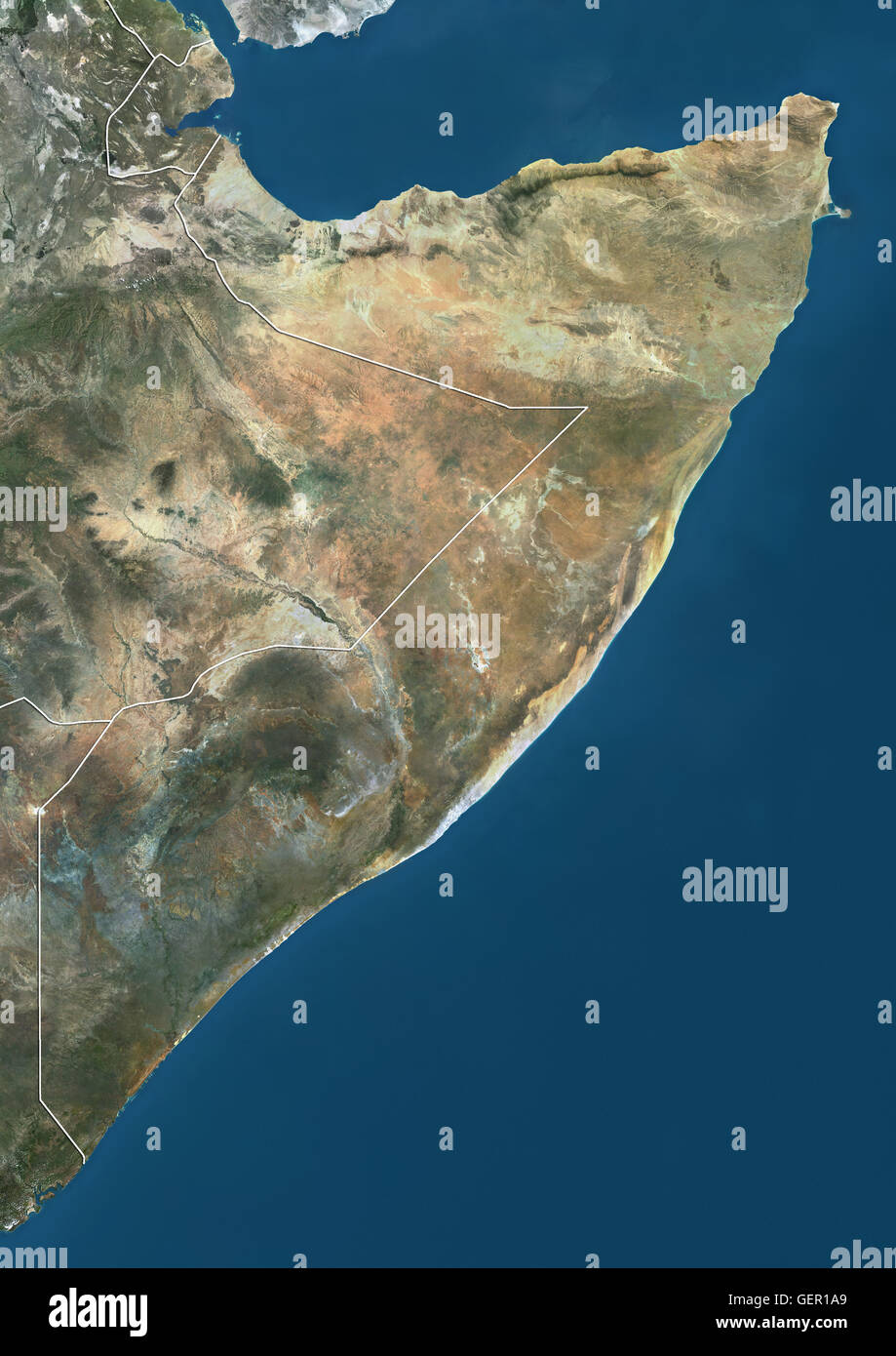 Satellitenansicht von Somalia (mit Ländergrenzen). Dieses Bild wurde aus Daten von Landsat-Satelliten erworben erstellt. Stockfoto