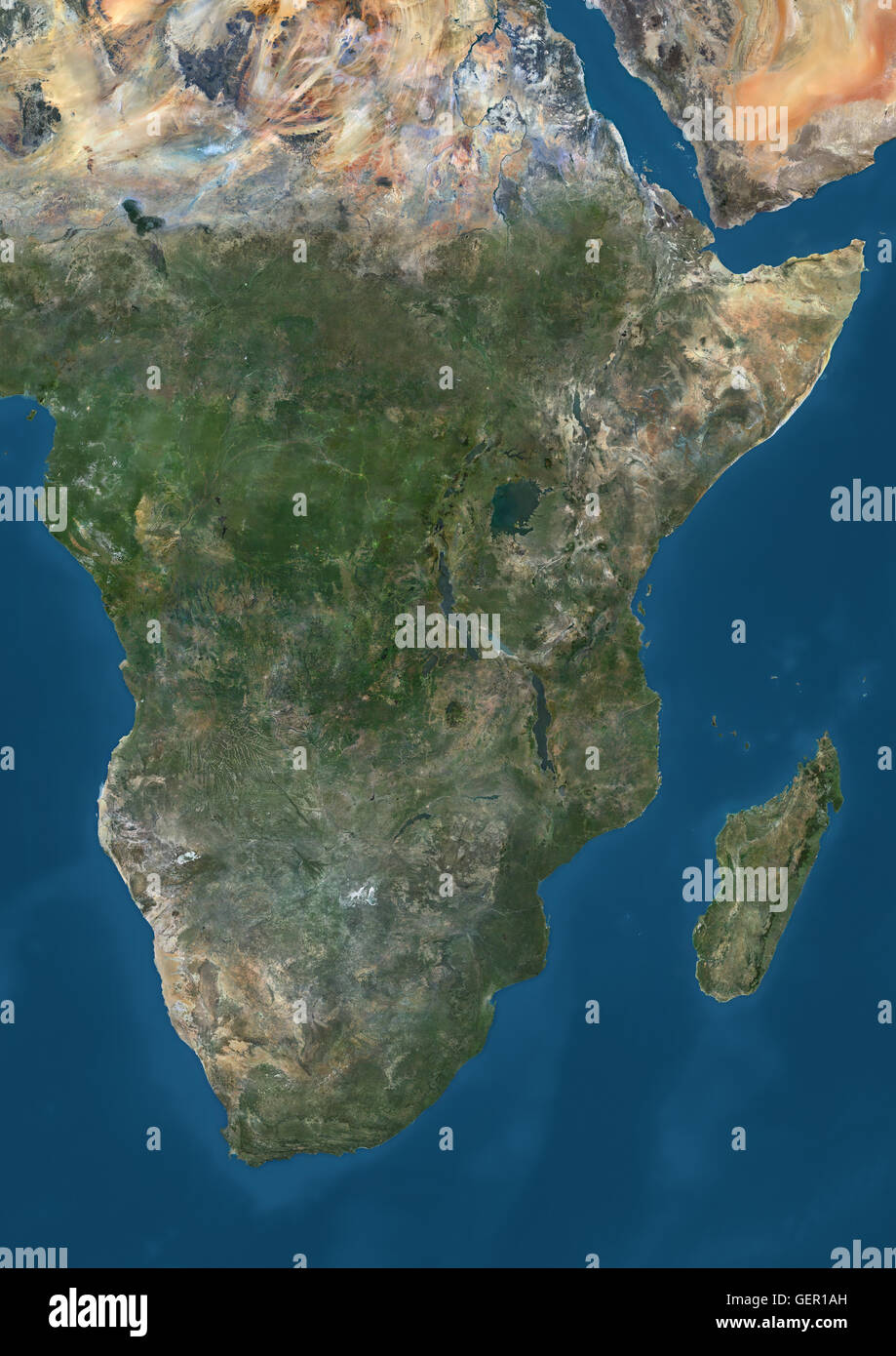 Satelliten-Ansicht des südlichen Afrikas. Es zeigt die Region der großen Seen. Dieses Bild wurde aus Daten von Satelliten Landsat 7 & 8 zusammengestellt. Stockfoto