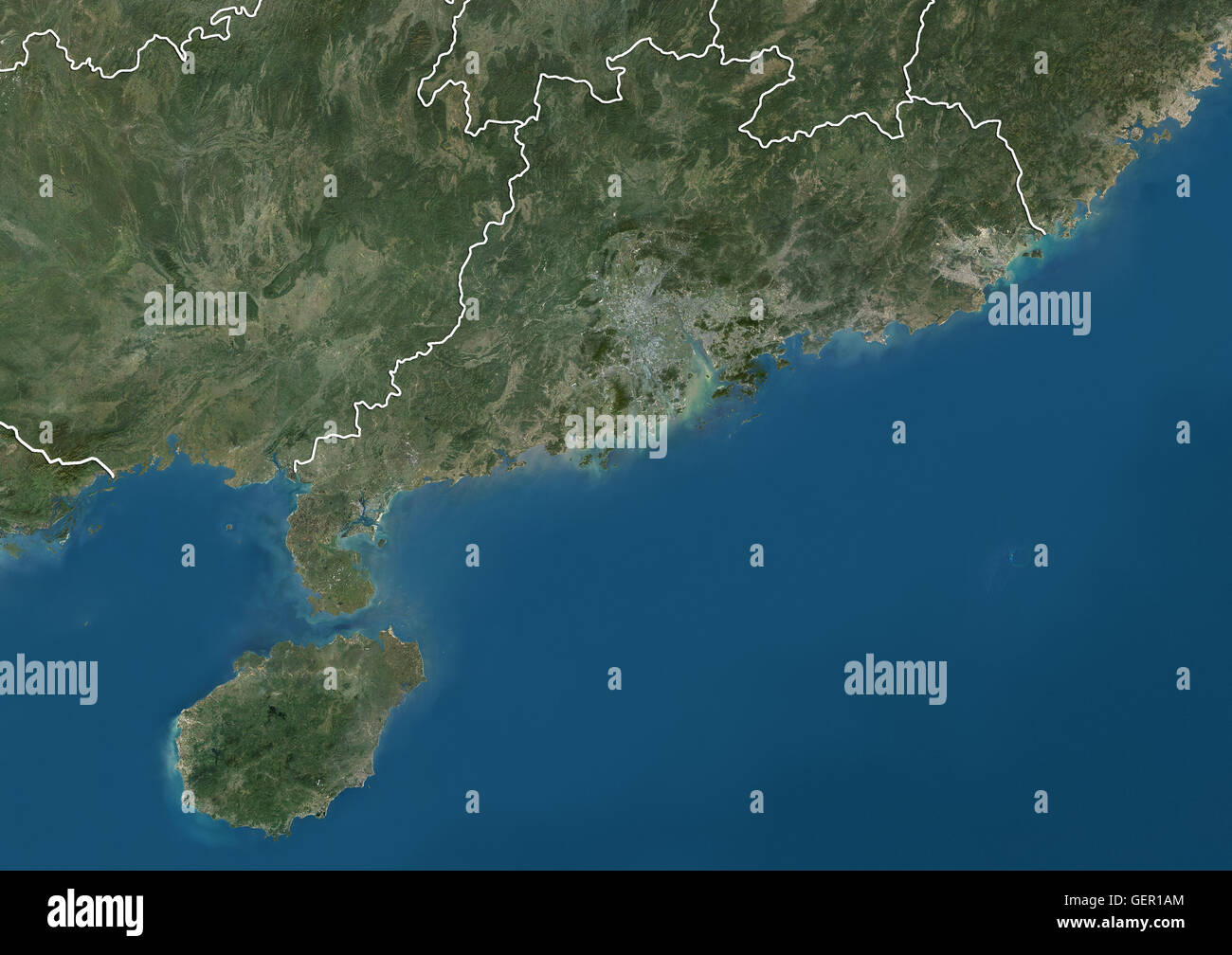 Satellitenansicht von Guangdong und Hainan Provinzen (mit Ländergrenzen). Dieses Bild wurde aus Daten von Landsat-Satelliten erworben erstellt. Stockfoto
