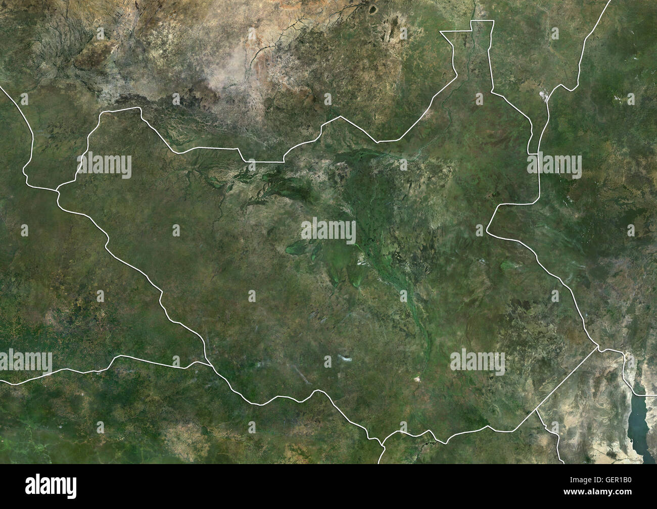 Satelliten-Ansicht des Südsudan (mit Ländergrenzen). Dieses Bild wurde aus Daten von Landsat-Satelliten erworben erstellt. Stockfoto