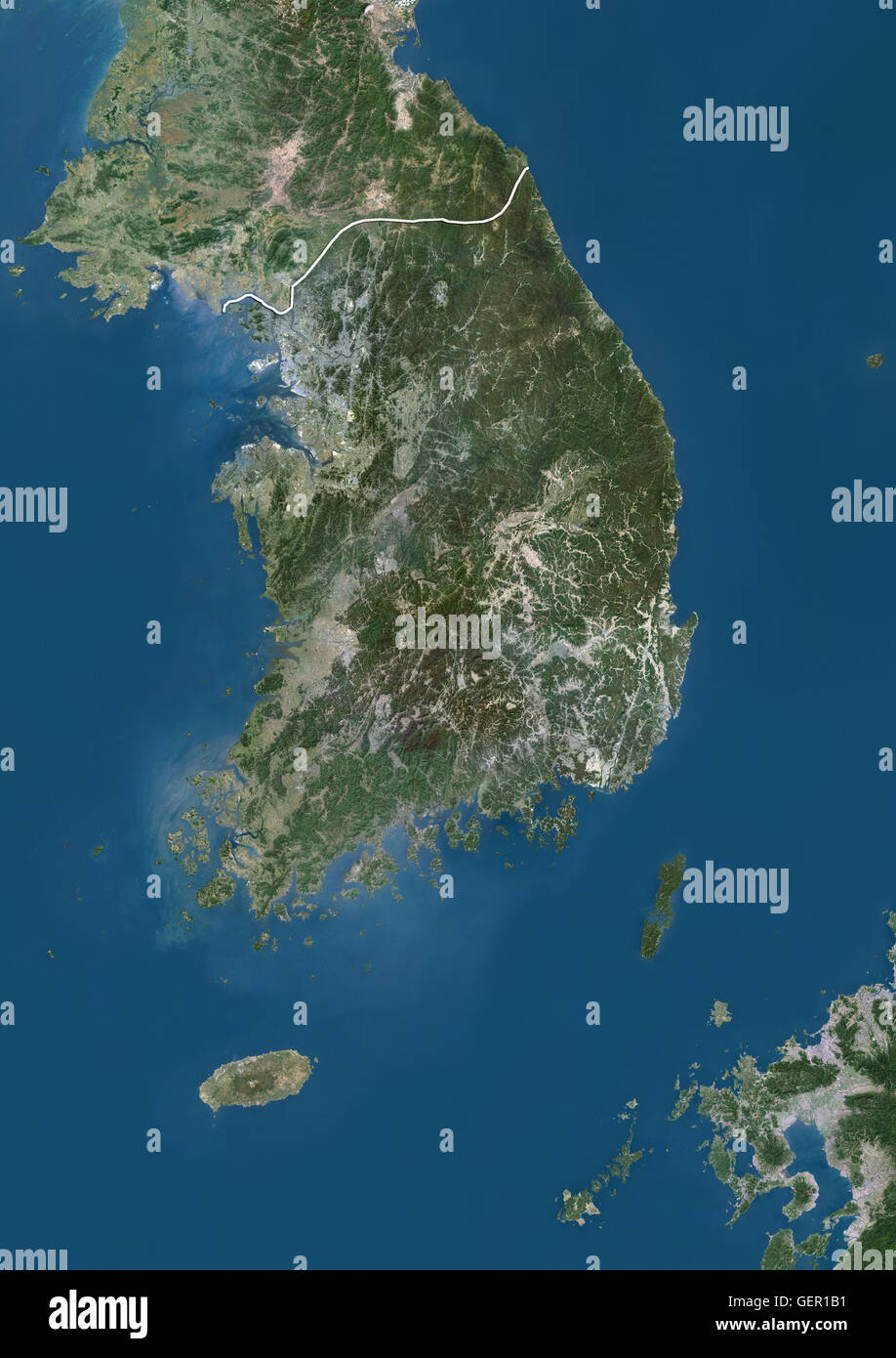 Satellitenansicht von Südkorea (mit Ländergrenzen). Dieses Bild wurde aus Daten von Landsat-Satelliten erworben erstellt. Stockfoto