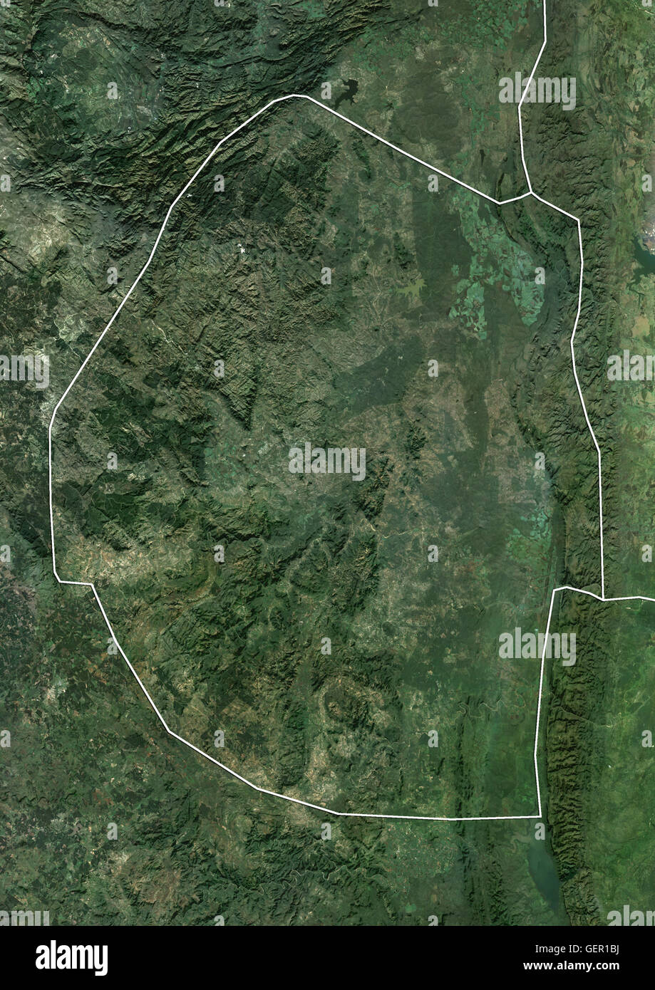 Satellitenansicht von Swasiland (mit Ländergrenzen). Dieses Bild wurde aus Daten von Landsat-Satelliten erworben erstellt. Stockfoto