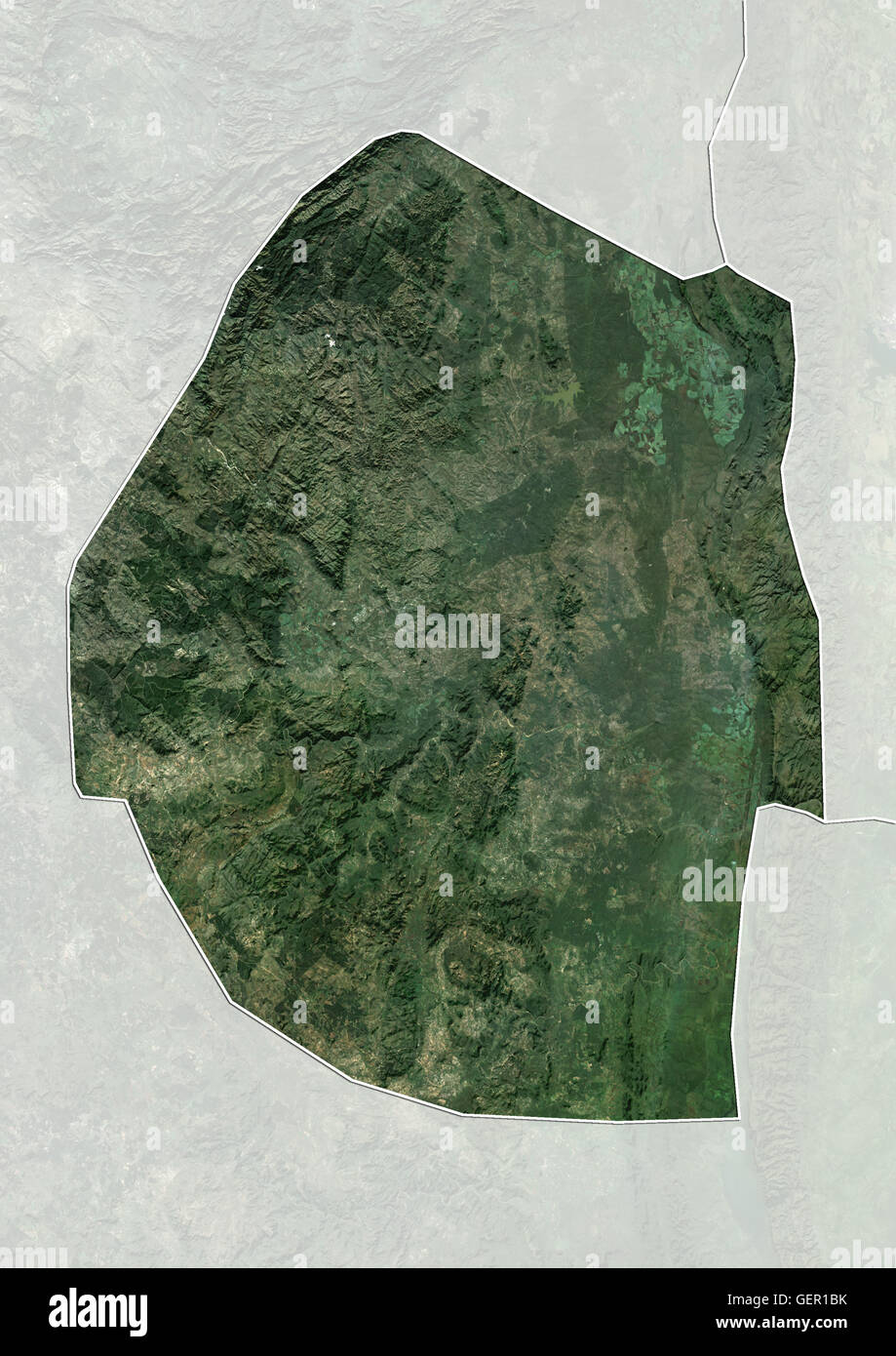 Satellitenansicht von Swasiland (mit Ländergrenzen und Maske). Dieses Bild wurde aus Daten von Landsat-Satelliten erworben erstellt. Stockfoto