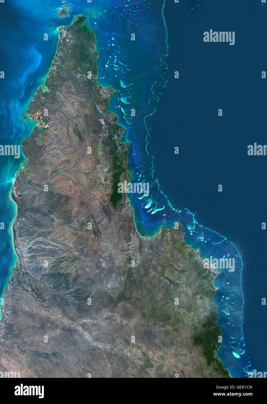 Satelliten-Ansicht der nördlichen Great Barrier Reef an der Ostküste entlang der Kap-York-Halbinsel im Norden von Australien. Dieses Bild wurde aus Daten, die im Jahr 2014 per Satellit Landsat 8 zusammengestellt. Stockfoto