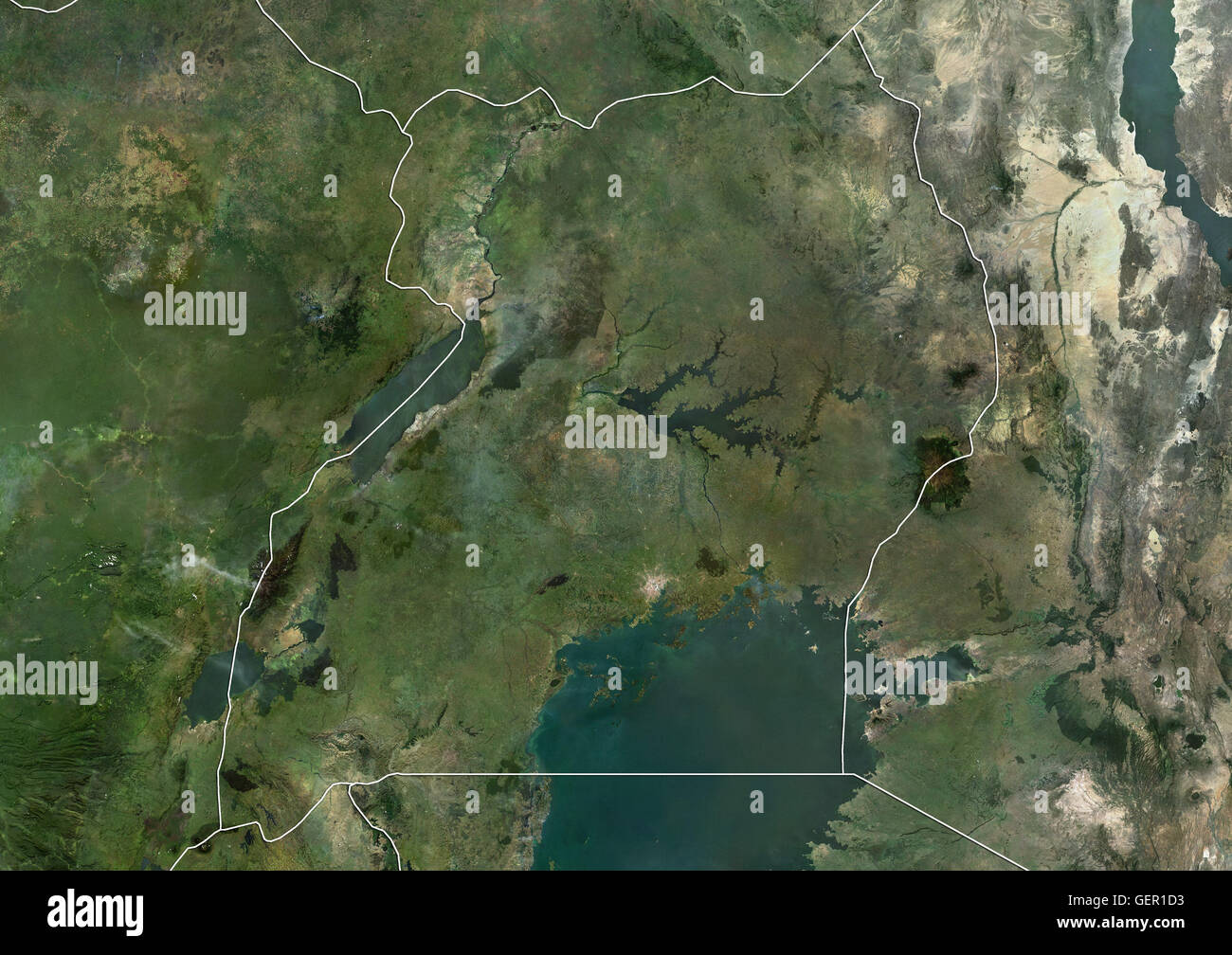 Satellitenansicht von Uganda (mit Ländergrenzen). Dieses Bild wurde aus Daten von Landsat-Satelliten erworben erstellt. Stockfoto