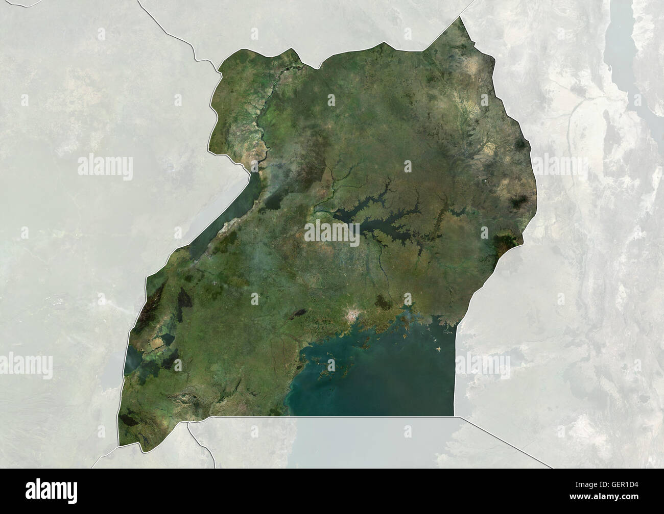 Satellitenansicht von Uganda (mit Ländergrenzen und Maske). Dieses Bild wurde aus Daten von Landsat-Satelliten erworben erstellt. Stockfoto