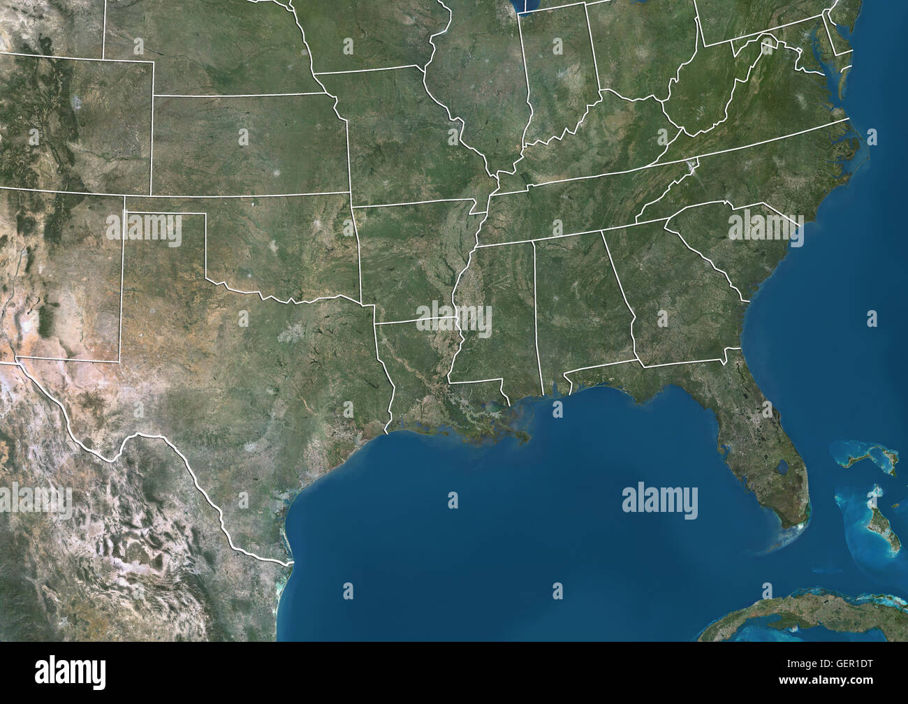 Satelliten-Ansicht von Süden der Vereinigten Staaten (mit Verwaltungsgrenzen). Dieses Bild wurde aus Daten von Landsat-Satelliten erworben erstellt. Stockfoto