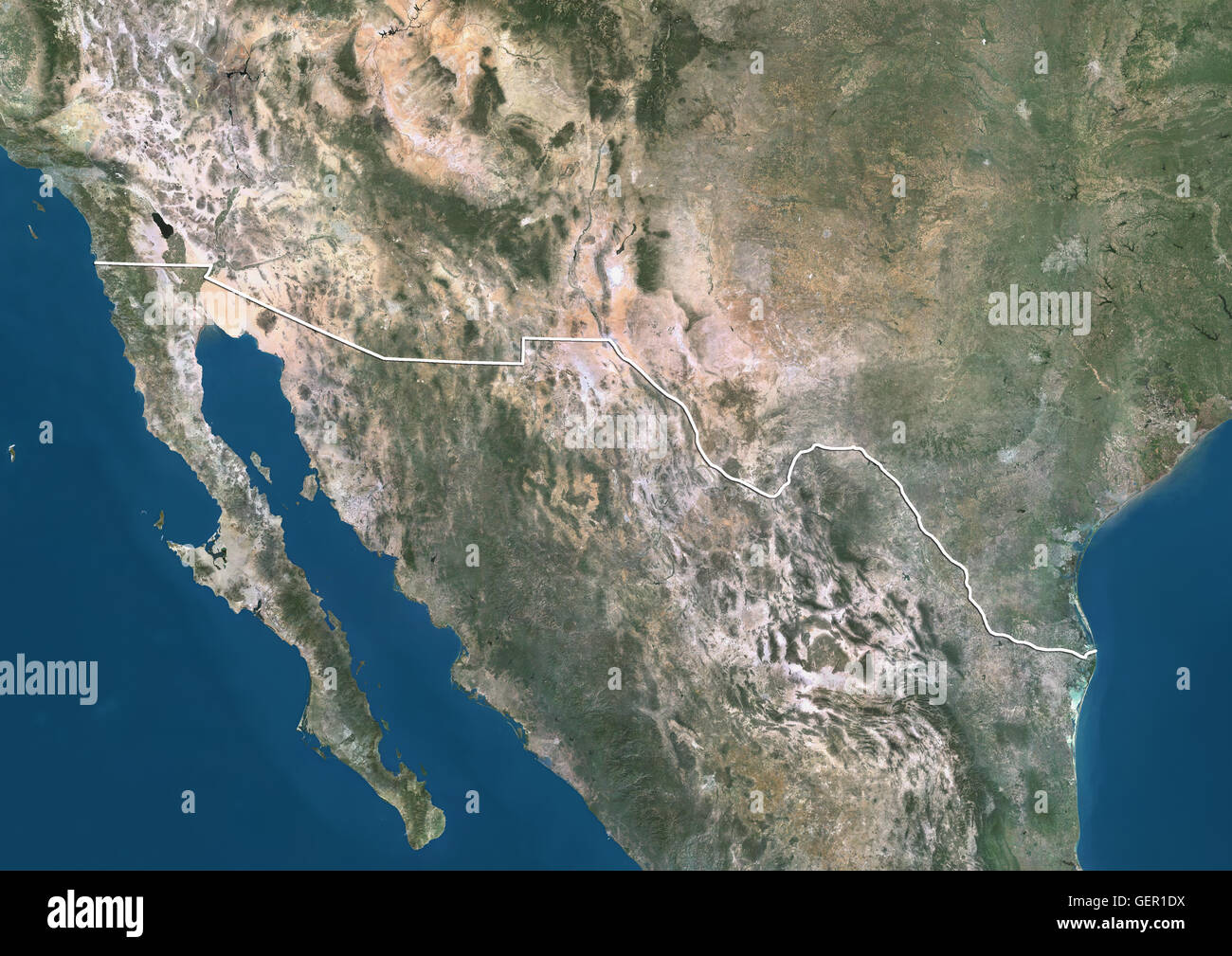 Satelliten-Ansicht der US - mexikanischen Grenze (mit Ländergrenzen). Dieses Bild wurde aus Daten von Satelliten Landsat 7 & 8 zusammengestellt. Stockfoto