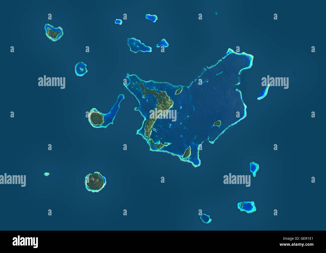 Satellitenansicht der Insel Vanua Balavu, Fidschi-Inseln. Dieses Bild wurde aus Daten, die per Satellit Landsat 8 im Jahr 2014 zusammengestellt. Stockfoto