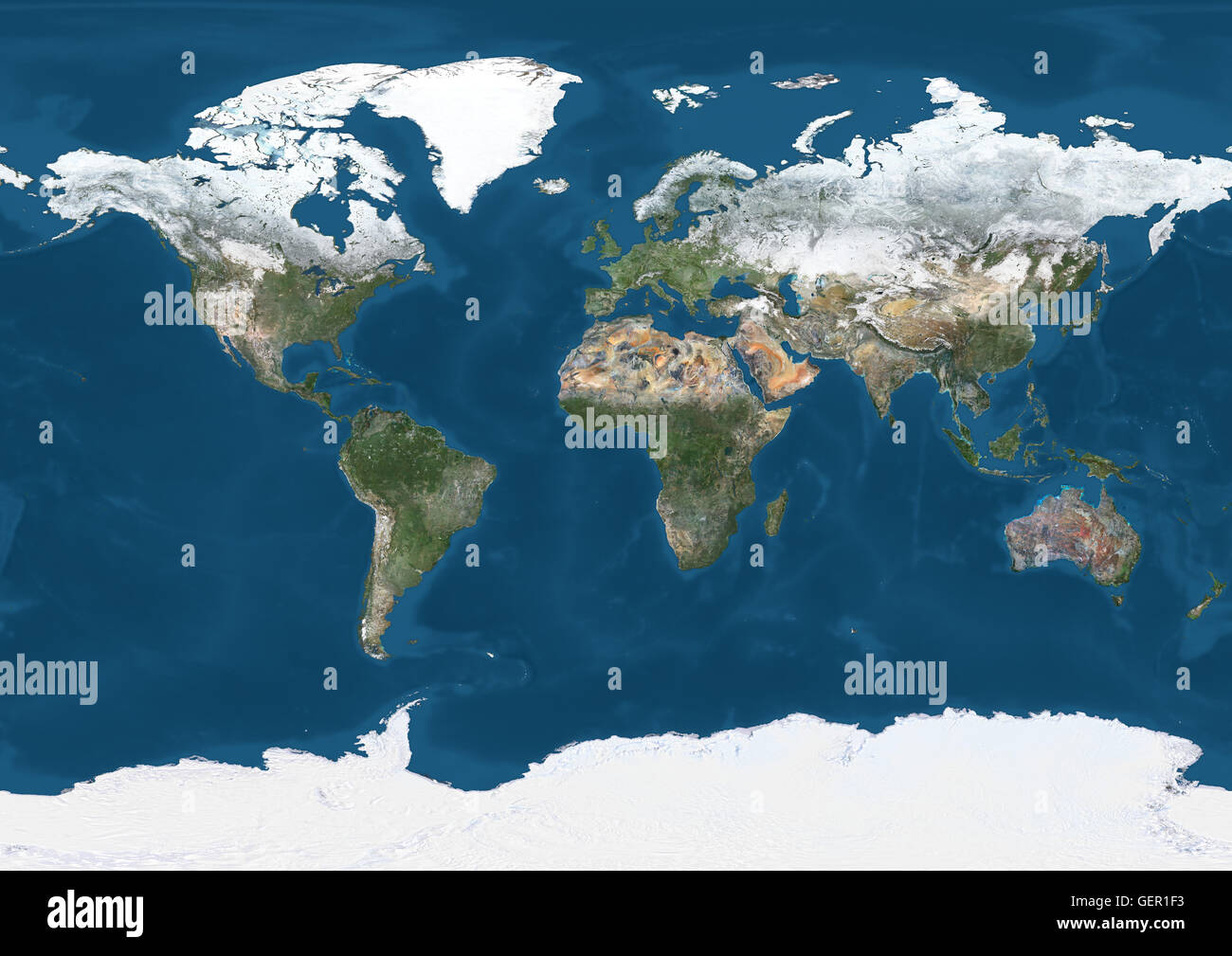 Welt Satelliten-Karte im Winter, mit teilweise Schneedecke. Dieses Bild wurde aus Daten von Satelliten Landsat 7 & 8 zusammengestellt. Stockfoto