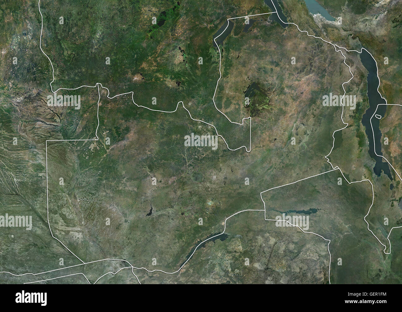Satellitenansicht von Sambia (mit Ländergrenzen). Dieses Bild wurde aus Daten von Landsat-Satelliten erworben erstellt. Stockfoto