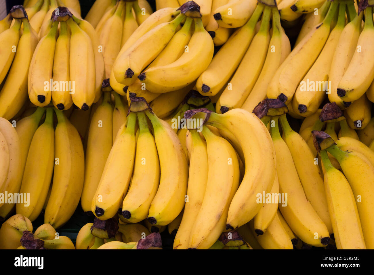 Banane-Früchte am Marktstand Essen - Essen-Hintergrund Stockfoto