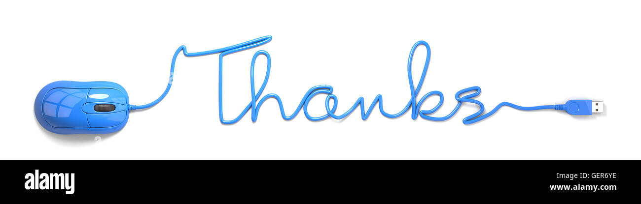 Blaue Maus und Kabel in der Form des Dankes Stockfoto