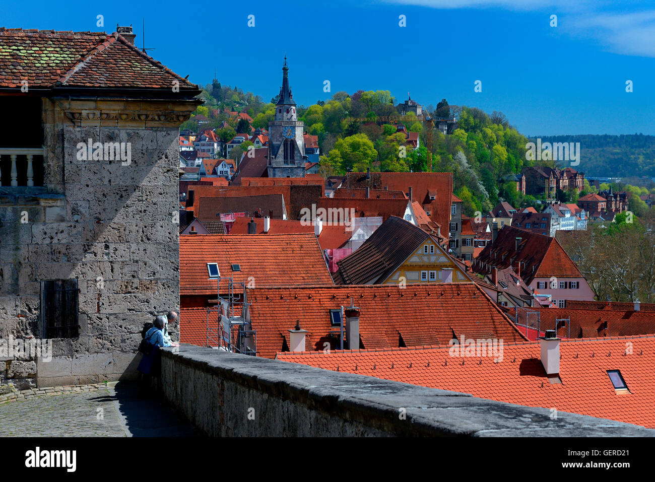 Blick Vom Schloss Hohentuebingen Auf Altstadt Mit Stiftskirche, Tübingen, Baden-Württemberg, Deutschland Stockfoto