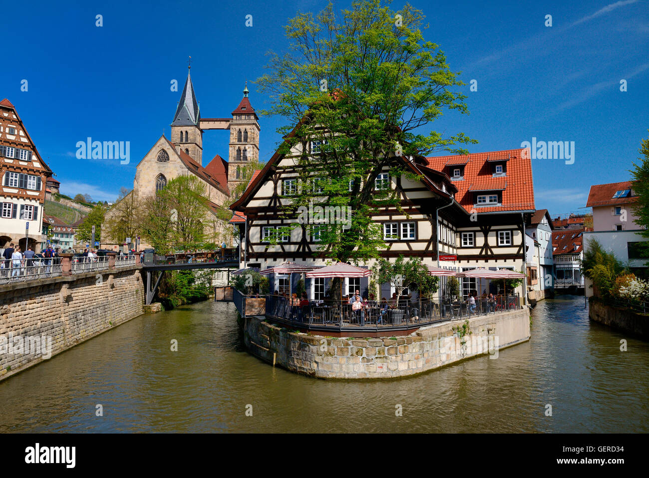 Wehrneckarkanal, Mit Blick Auf Stadtkirche St. Dionys, Esslingen am Neckar, Wuerttemberg, Deutschland, Europa Stockfoto