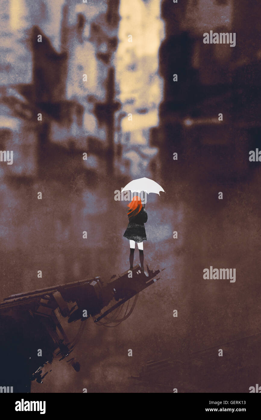 Rückansicht der Frau mit weißen Schirm stehend gegen Ruinenstadt, Illustration, Malerei Stockfoto