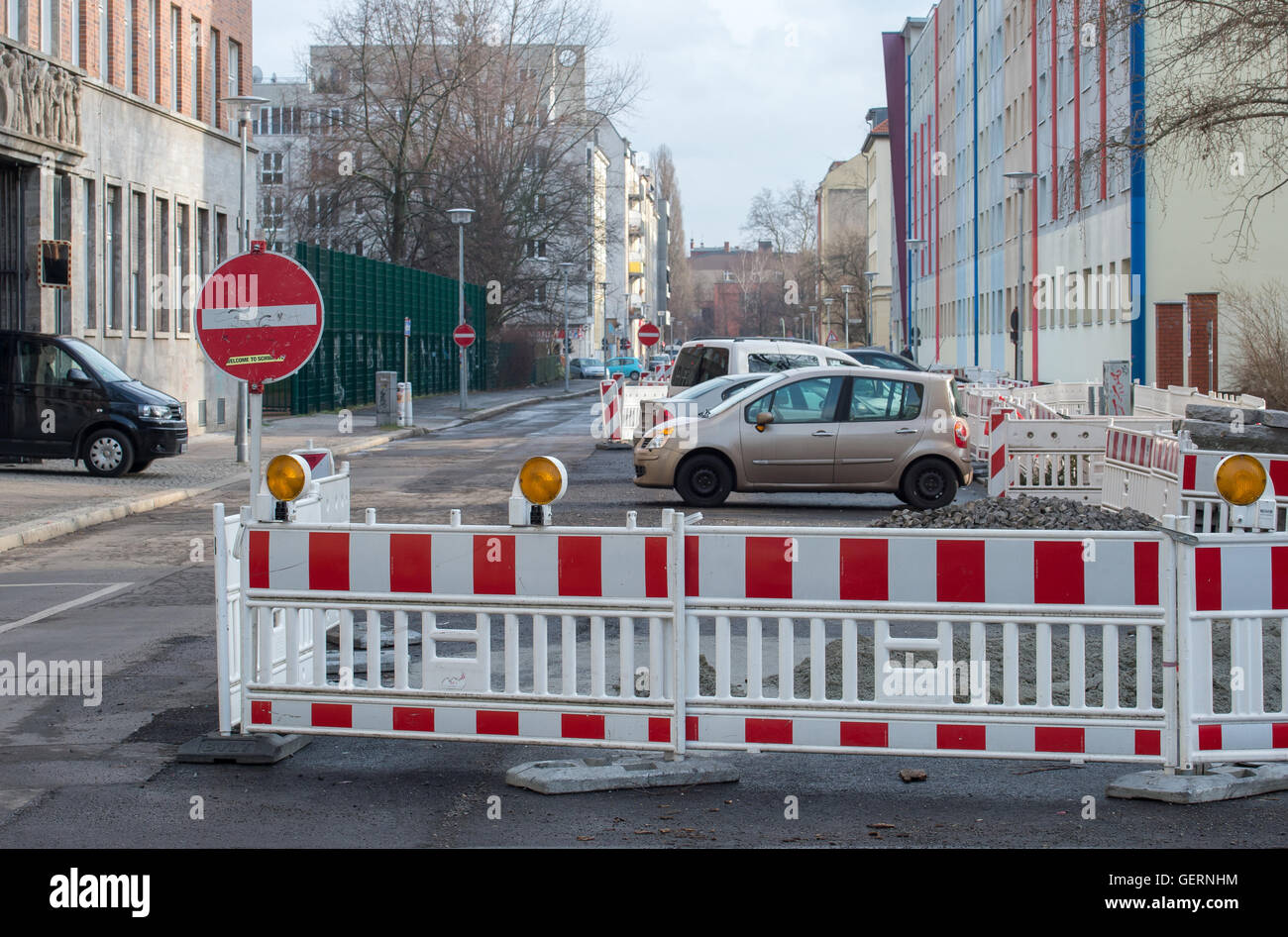 Berlin, Deutschland, eine gesperrte Straße und Konstruktion arbeiten in Berlin-Mitte Stockfoto