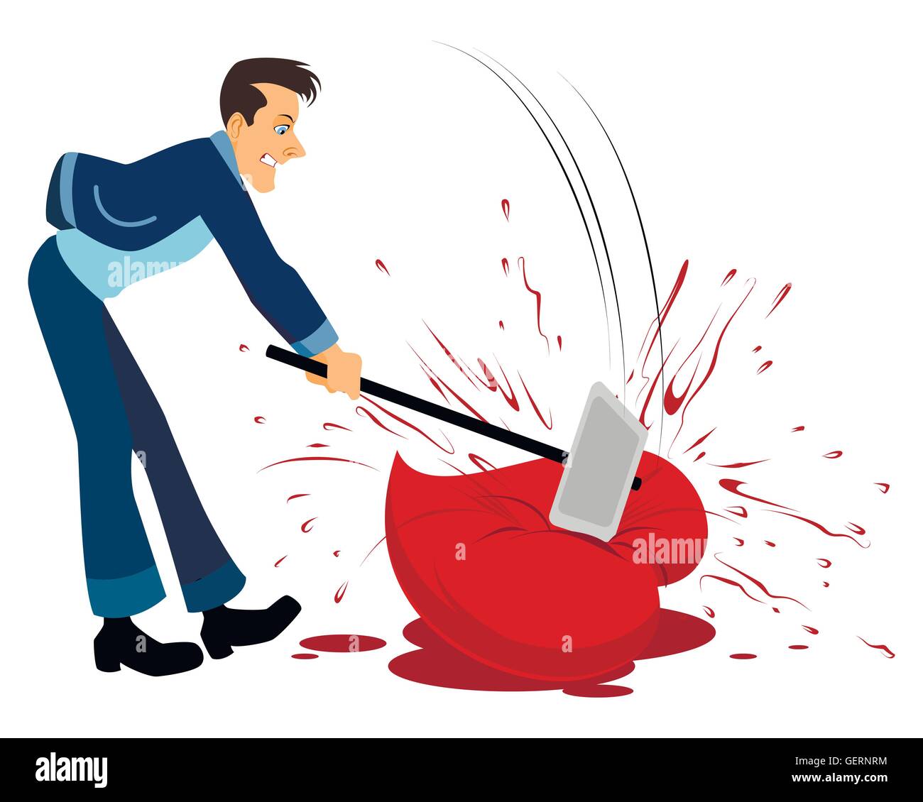 Vektor-Illustration eines Mannes bricht das Herz mit einem hammer Stock Vektor