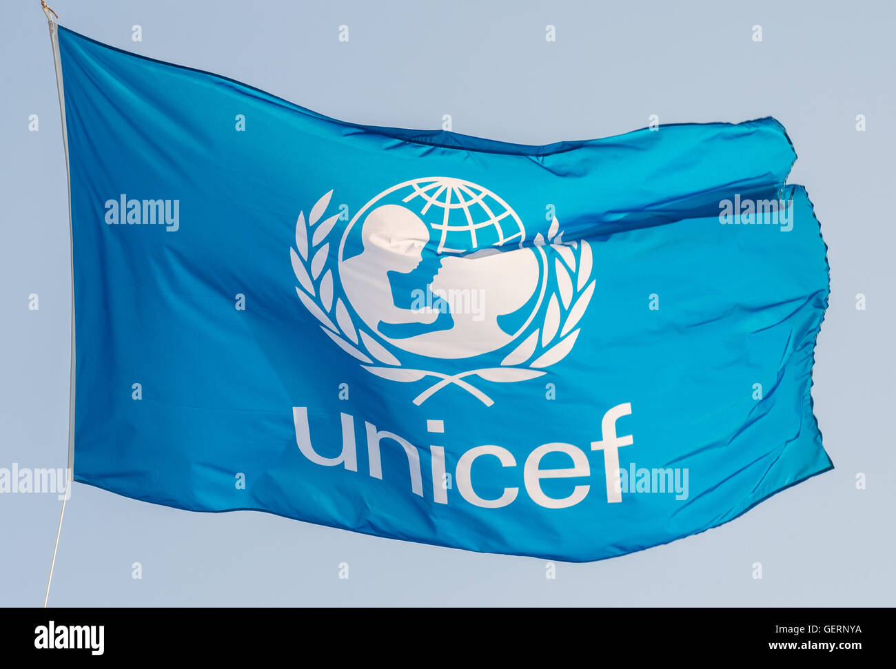 Genua, Italien, die Flagge von Unicef Stockfoto