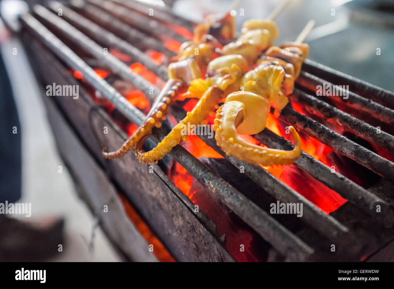 Tintenfisch Tentakeln Grillen über glühende Kohlen, Streetfood Chiang Mai Thailand Stockfoto