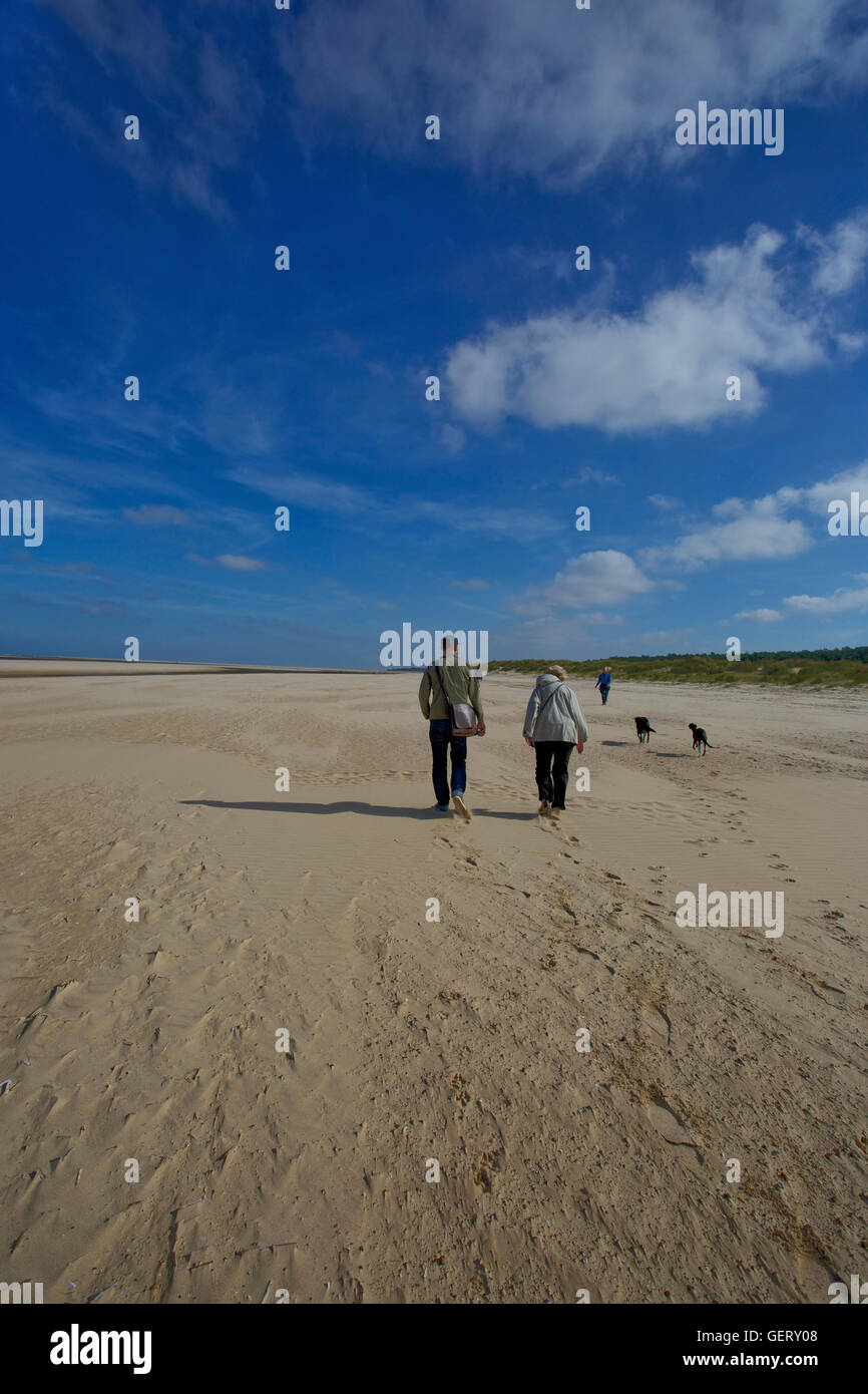 Passanten, die ihre Hunde am Strand. Stockfoto