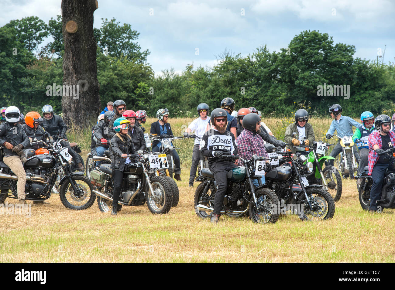 Motorradfahrer, die britische Fahrradfahren auf Malle, The Mile Racing Event. London Stockfoto