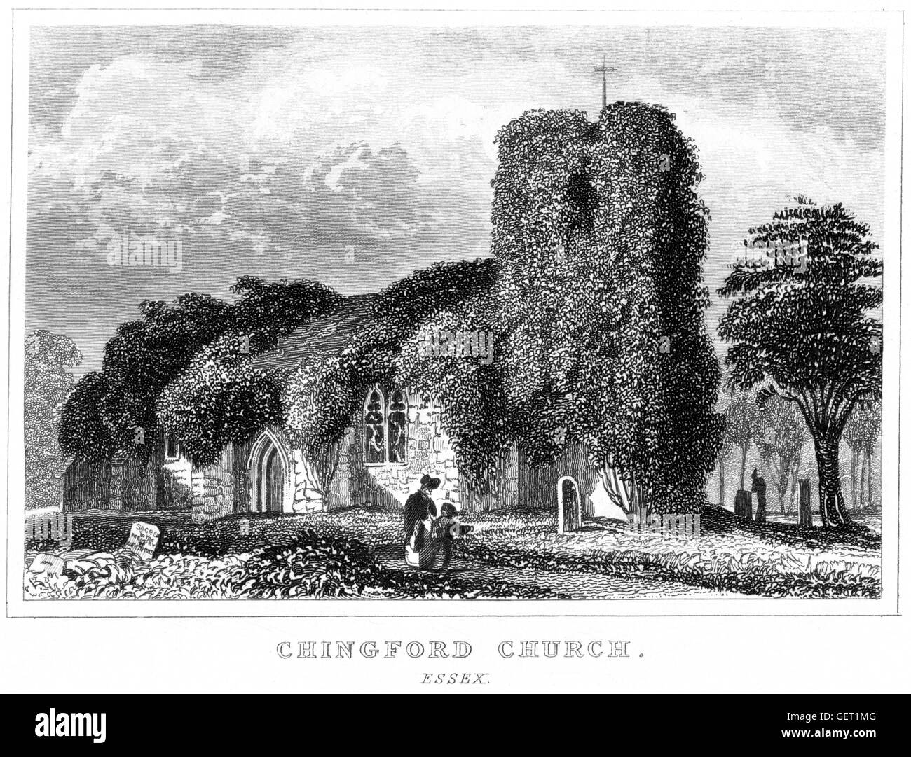 Eine Gravur der Chingford Kirche gescannt Essex in hoher Auflösung aus einem Buch, gedruckt im Jahre 1846. Angenommen, dass copyright frei. Stockfoto