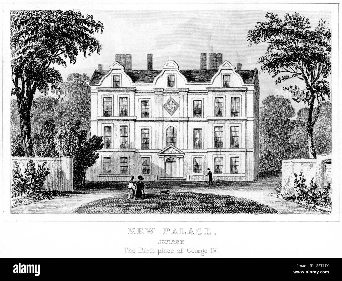 Ein Stich von Kew Palace, Surrey. Das Geburtshaus von George IV. Scannte in hoher Auflösung aus einem Buch, das 1846 gedruckt wurde. Für urheberrechtlich frei gehalten. Stockfoto