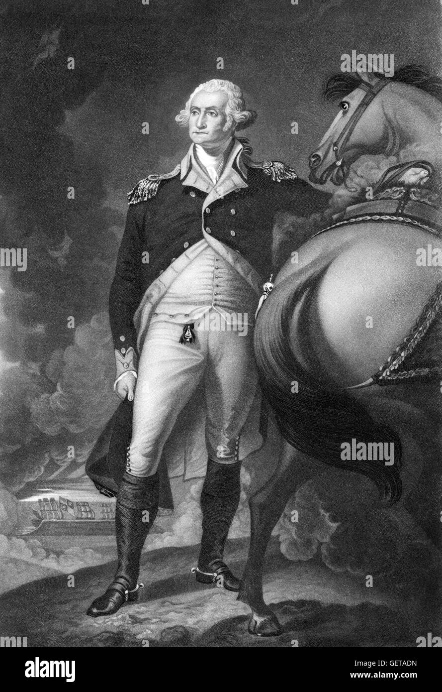George Washington (1732 – 1799), erster Präsident der Vereinigten Staaten (1789 – 97), und der Oberbefehlshaber der Kontinentalarmee während des amerikanischen Unabhängigkeitskrieges. Dieses Porträt ist eine Gravur des Gemäldes von Gilbert Stuart, "Washington in Dorchester Höhen", 1806. Stockfoto