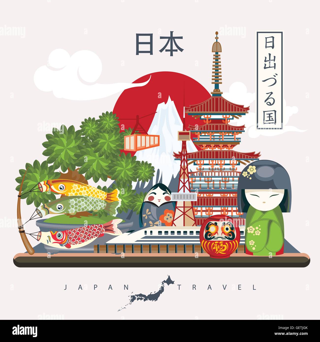 Bunte Japan Reisen Poster Reise Nach Japan Es Gibt Text In Japanisch Japan Und Land Der Aufgehenden Sonne Stock Vektorgrafik Alamy